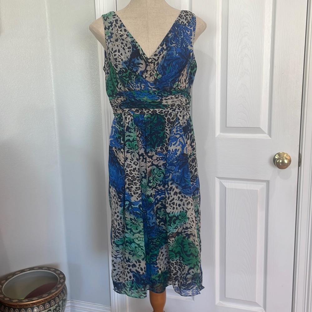 Maggie boutique dress sleeveless cheetah animal print green blue women’s size 10